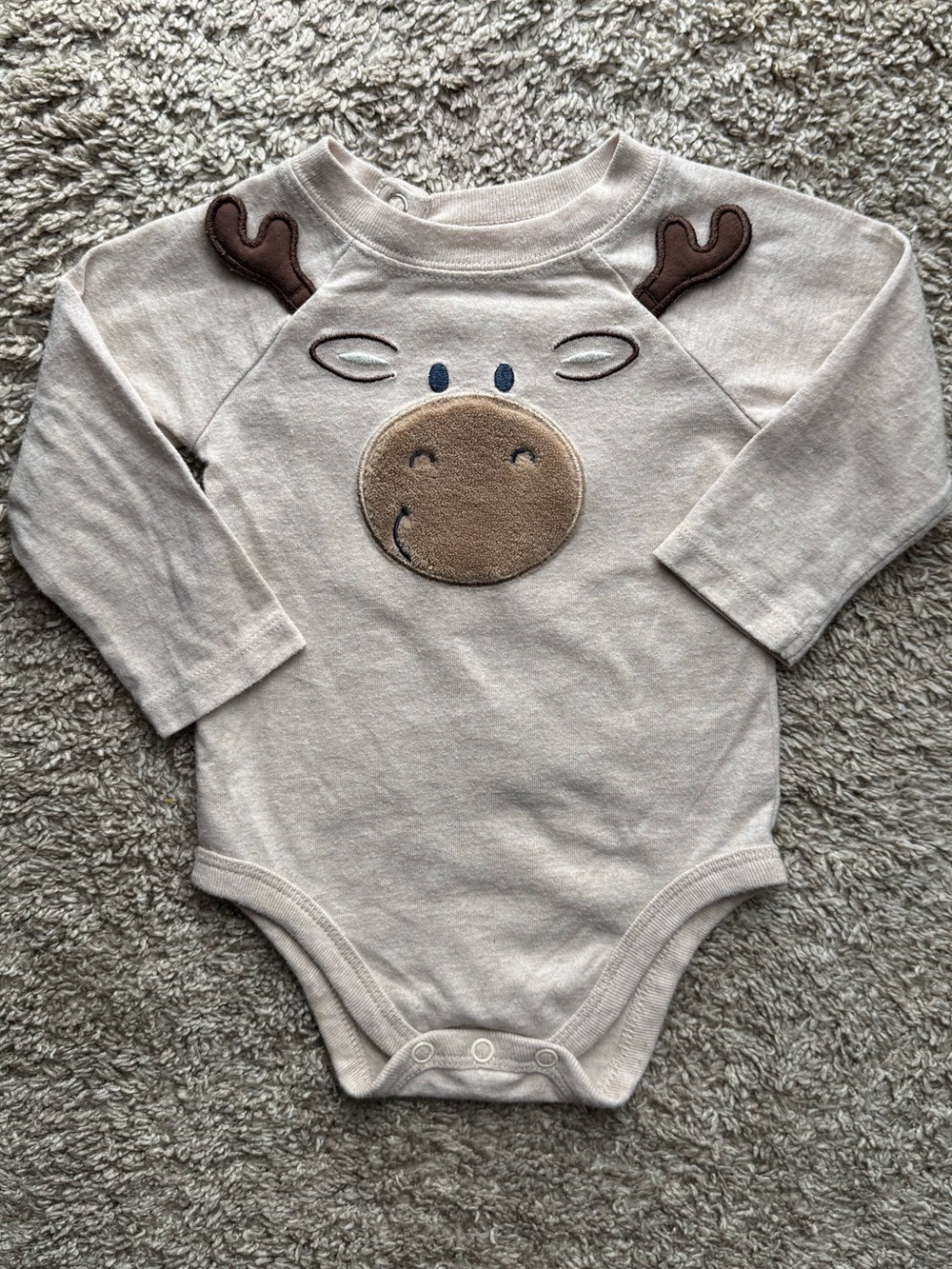 Garanimals Moose Face Long Sleeve Bodysuit 3-6M Oatmeal Winter One Piece